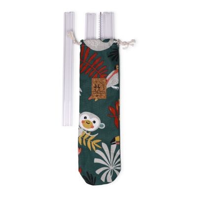 Pouch 6 glass straws and a cleaning brush made in France - Papaya Fabric