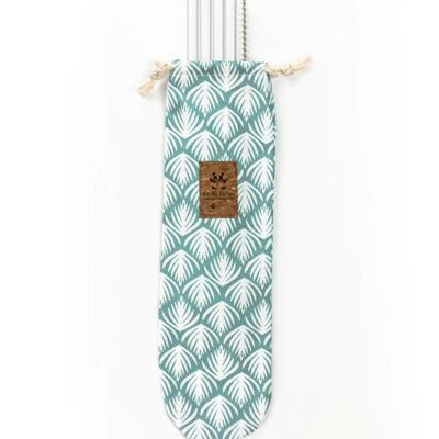 Pouch 6 glass straws and a cleaning brush made in France - Fabric with aqua petals