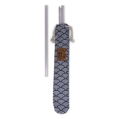Pouch 2 glass straws and a cleaning brush made in France - Blue scales fabric