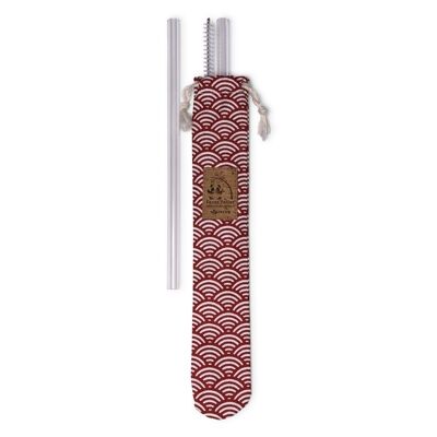 Pouch 2 glass straws and a cleaning brush made in France - Red scale fabric