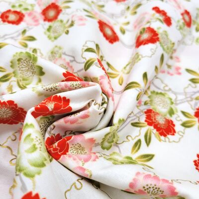 Japanese fabric - Tsubaki on white background made in Japan 100% cotton