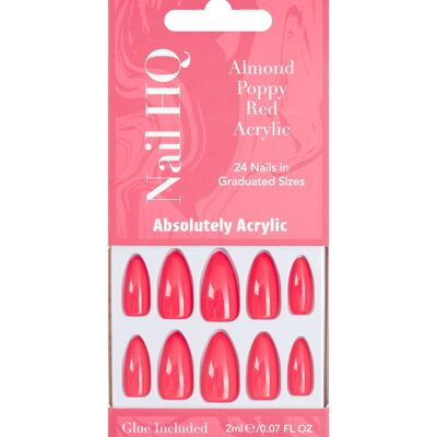 Uñas acrílicas color rojo amapola almendra de Nail HQ (24 piezas)