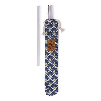 Pouch 2 glass straws and a cleaning brush made in France - Golden blue peacock fabric