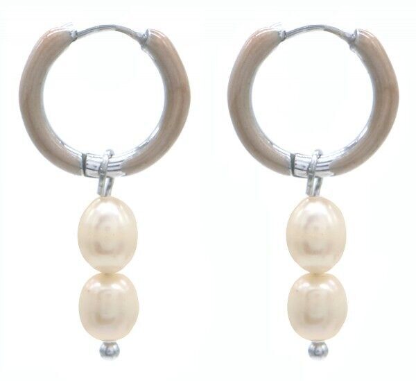 D-B18.4 E2142-028S S. Orecchini in acciaio con perle d'acqua dolce 1x2.5cm