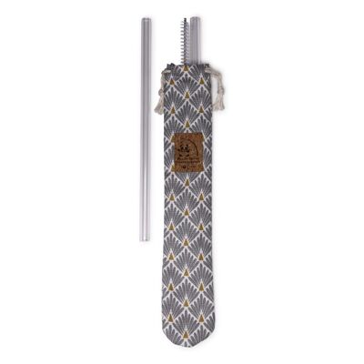 Pouch 2 glass straws and a cleaning brush made in France - Golden gray peacock fabric