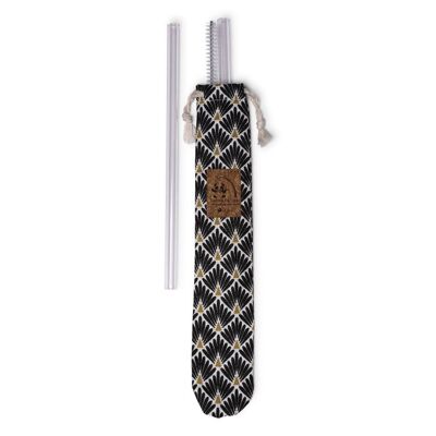 Pouch 2 glass straws and a cleaning brush made in France - Black gold peacock fabric