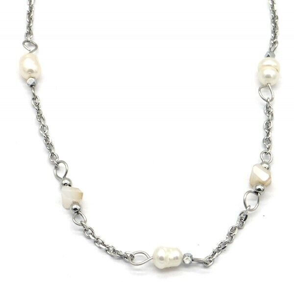 E-C2.3 NA221-102S S.Collana in acciaio con perle di vetro - Acqua dolce