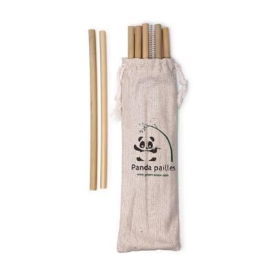 12 Bambusstrohhalme mit Pinsel und Beutel Panda Straws