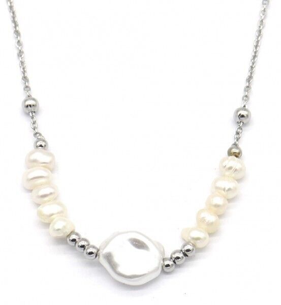 B-F10.1 NA221-110S S.Collana in acciaio con perle d'acqua dolce