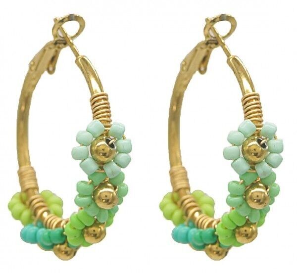 A-E3.2 E221-345 S. Orecchini in acciaio con perle di vetro e fiori 3.2 cm Verde