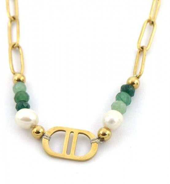 B-D14.2 N221-307 S.Collana in acciaio con perle d'acqua dolce oro-verde