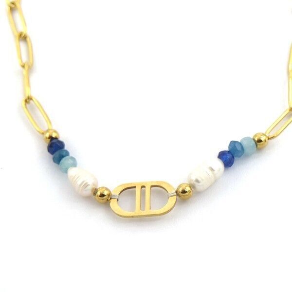 B-D2.1 N221-307 S.Collana in acciaio con perle d'acqua dolce oro-blu