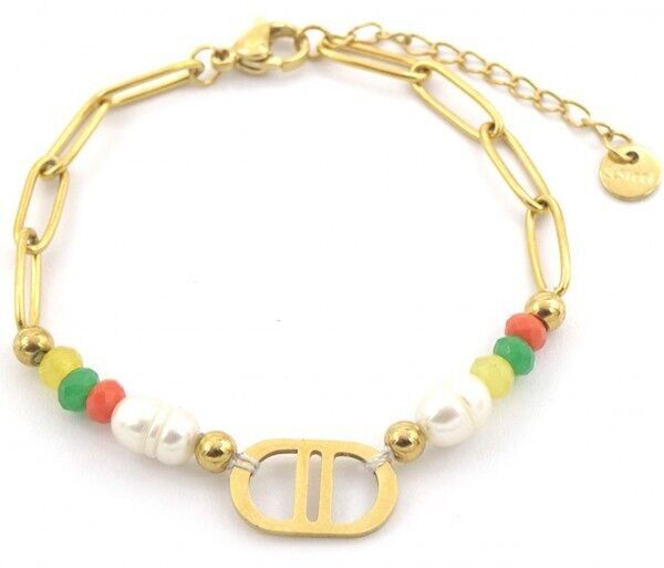 B-C6.1 B221-306 S.Bracciale in acciaio con perle d'acqua dolce e oro multistrato