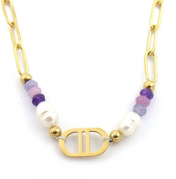 G-A16.3 N221-307 S.Collana in acciaio con perle d'acqua dolce color oro-viola