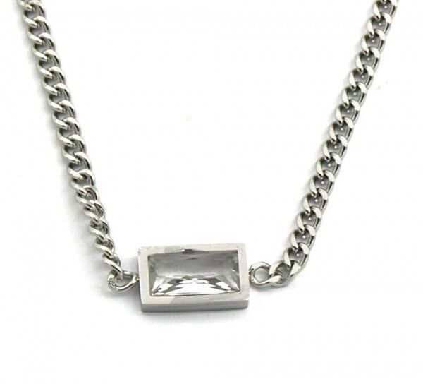 F-A5.1 N221-309S S.Collana in acciaio con zircone cubico rettangolare da 12 mm bianco