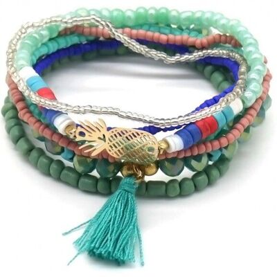I-D8.1 B1660-006 Bracelet Set Glassbeads Pineapple 7pcs Green
