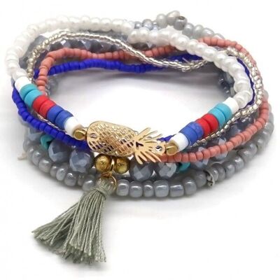 I-E24.1 B1660-006 Bracelet Set Glassbeads Pineapple 7pcs Grey