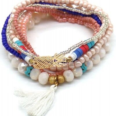 I-D5.1 B1660-006 Bracelet Set Glassbeads Pineapple 7pcs Pink