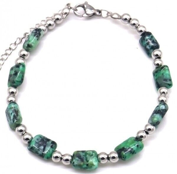 H-B3.2 B062-009S S.Bracciale in acciaio con pietra verde punteggiata