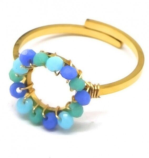 E-C5.5 R626-006B S.Anello in acciaio perle di vetro blu