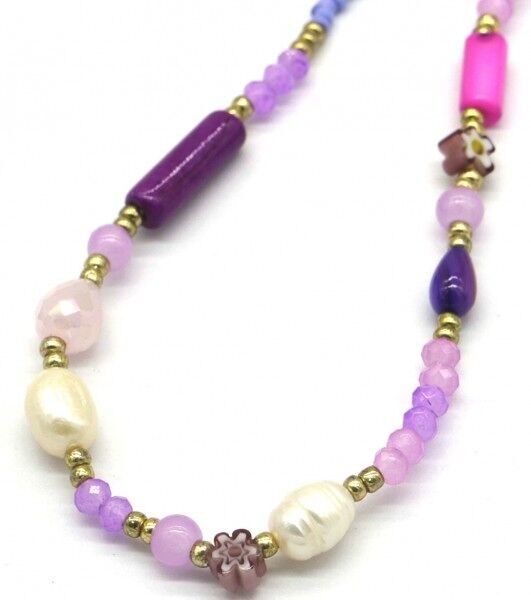 D-F8.3 N626-003 S.Collana in acciaio, perle di vetro e viola