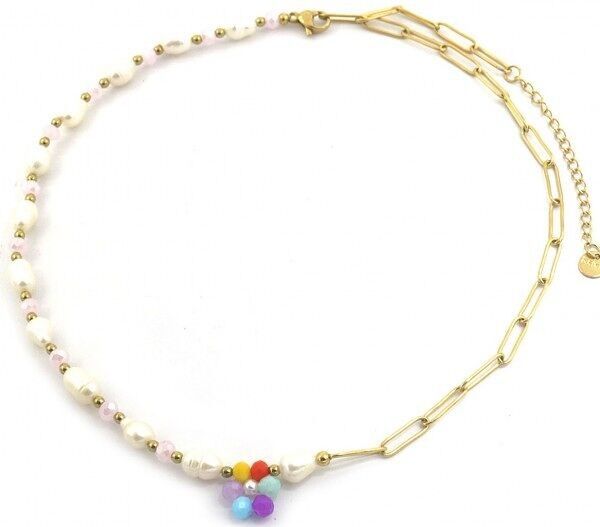 G-D21.2 N626-004 S.Collana in acciaio con perle e fiori