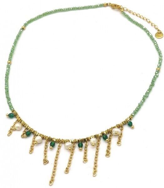J-A4.2 N221-328 S.Collana in acciaio e perle di vetro verde 39-44 cm