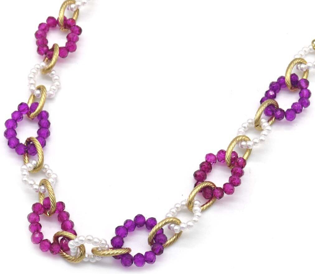 I-C6.3 N221-384 N. 2 S.Collana in acciaio con perle di vetro sfaccettate viola