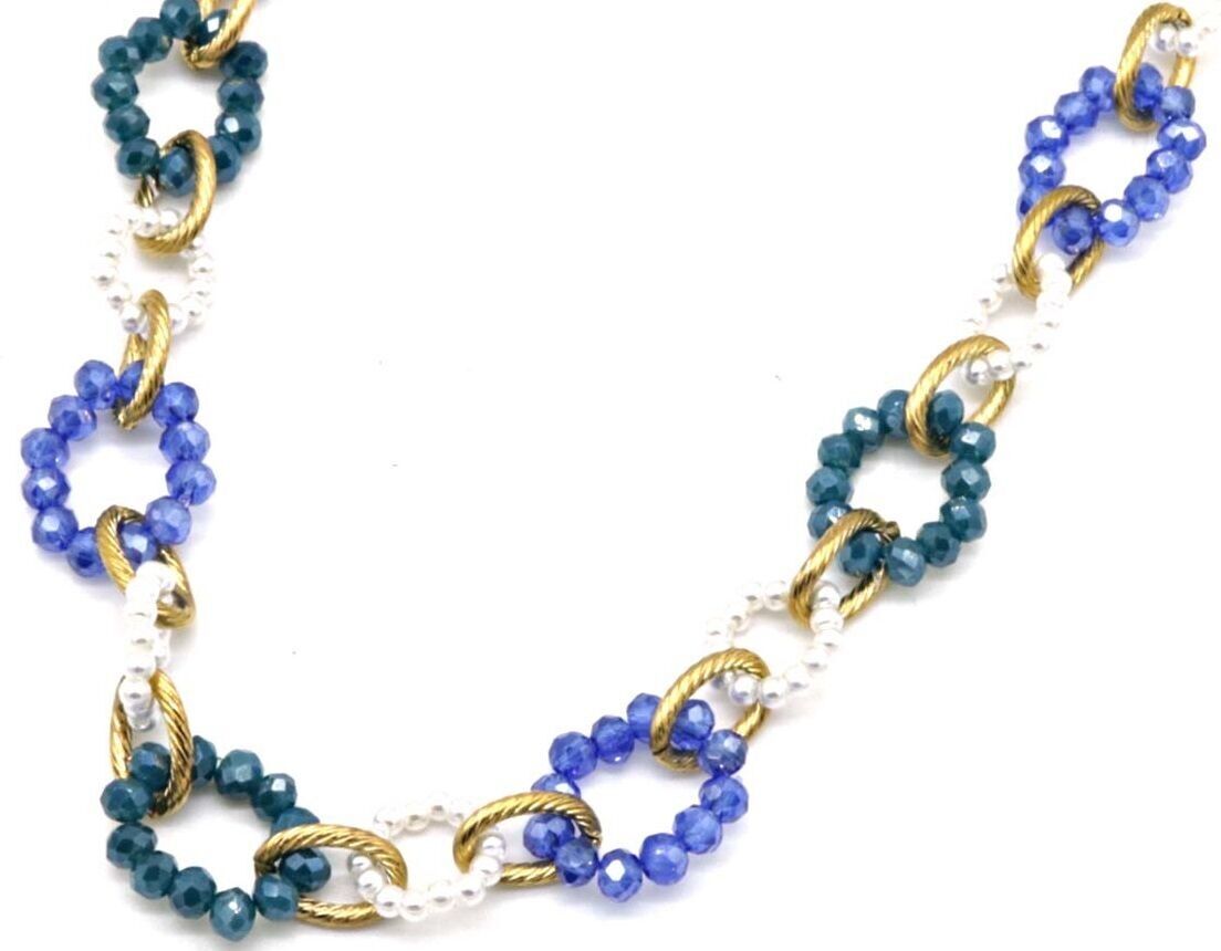 I-E4.3 N221-384 N. 3 anniCollana in acciaio con perle di vetro sfaccettate blu