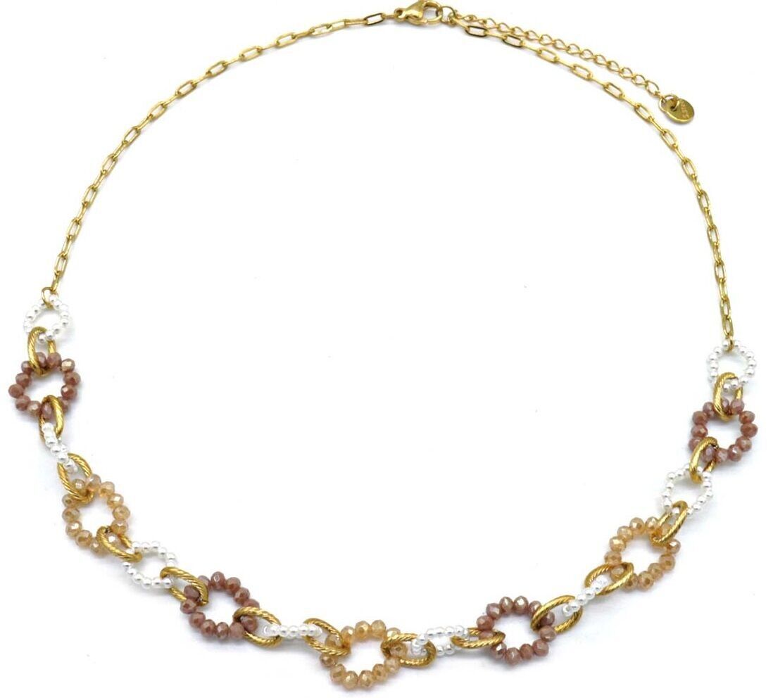 I-E4.1 N221-384 N. 4 S.Collana in acciaio con perle di vetro sfaccettate, marrone