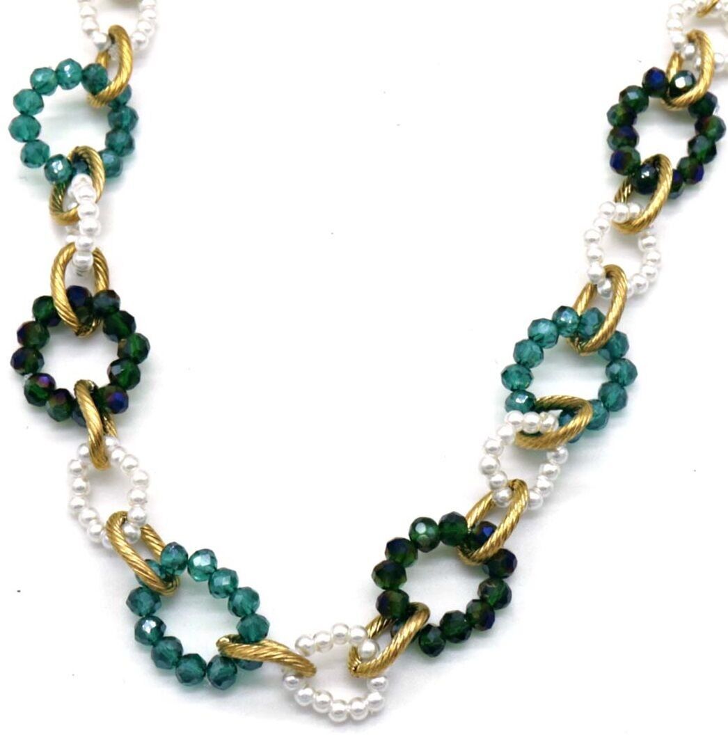 I-C3.1 N221-384 N. 6 S.Collana in acciaio con perle di vetro sfaccettate verdi