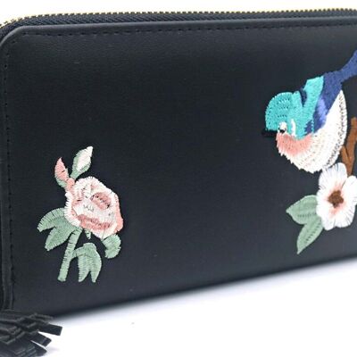 E-E14.2 W804-005-5 PU Embroidered Wallet 20x11x2.5cm Black