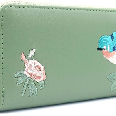 X-J3.2 W804-005-4 PU Embroidered Wallet 20x11x2.5cm Green