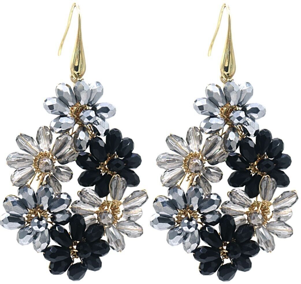 J-D4.3 E827-002 Orecchini Perle di Vetro Sfaccettato 6cm Grigio