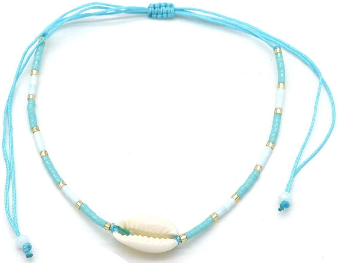 F-A6.4 ANK830-007-7 Cavigliera con perline di vetro e conchiglia blu