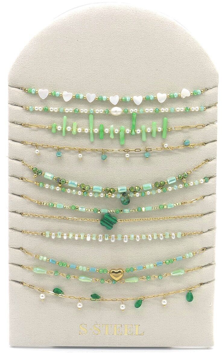 S-F1.2 N221-401-3 S.Set di collane in acciaio in esposizione - 12 pezzi verdi