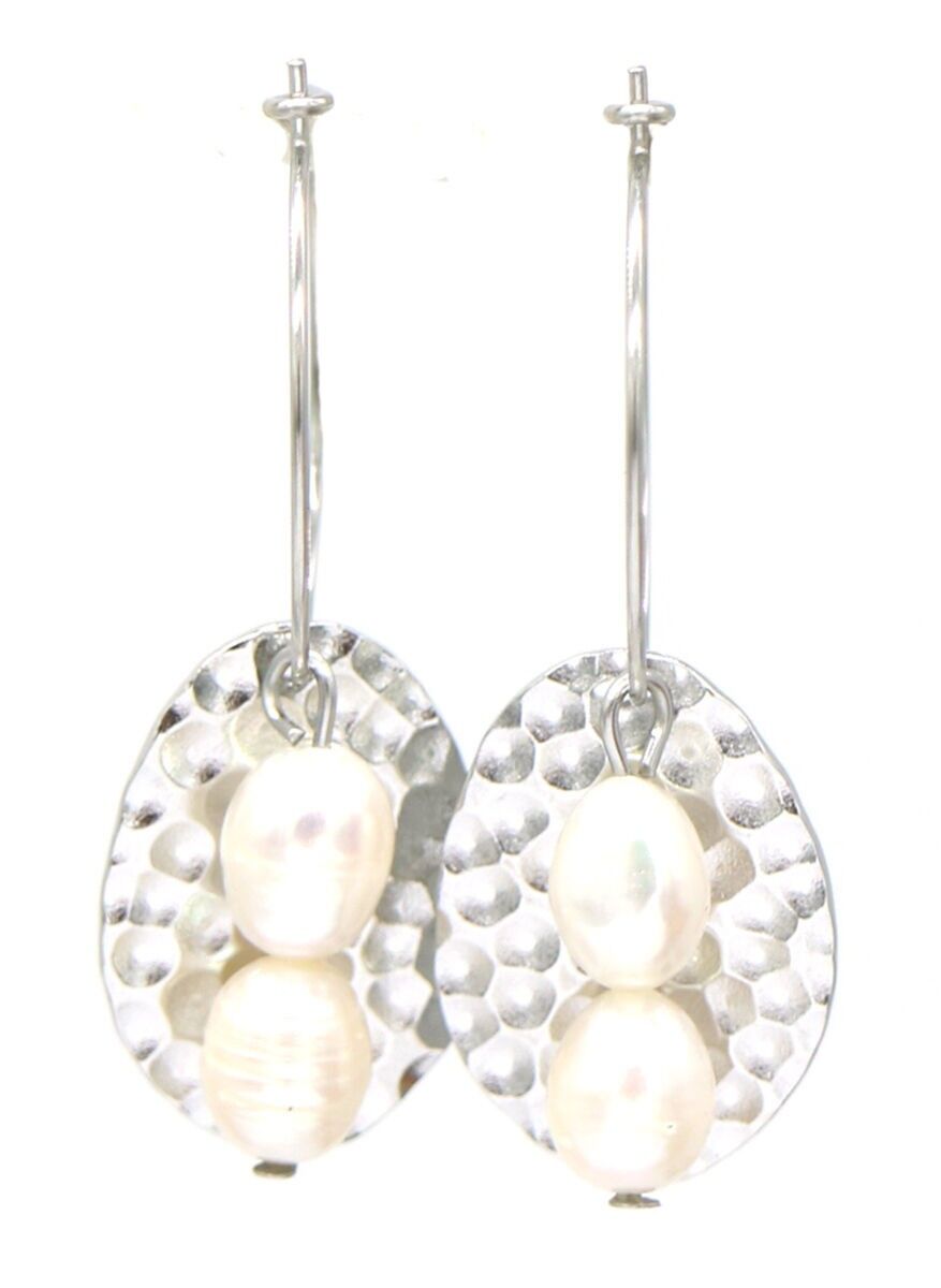 B-C16.2 E220-049 Orecchini a cerchio in acciaio inossidabile Perle d'acqua dolce 2x4 cm Argento