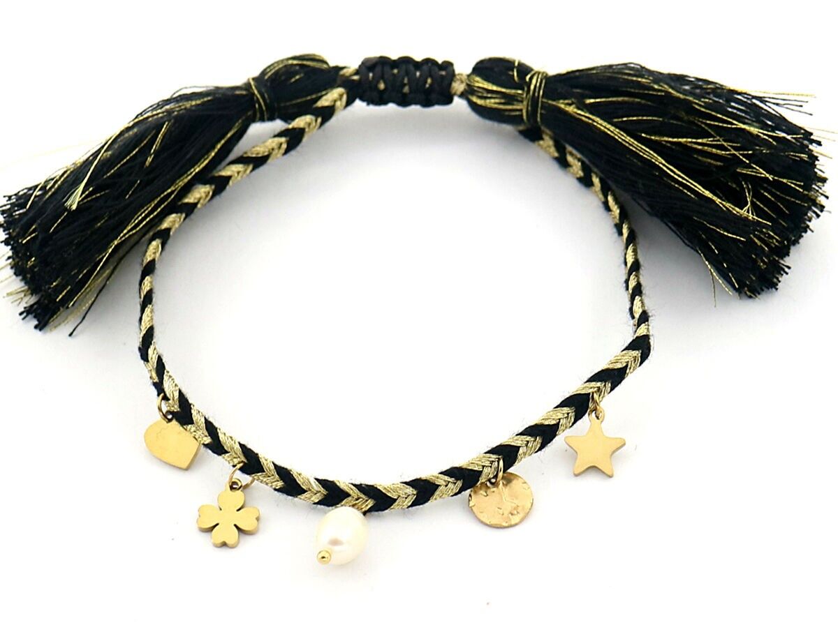 B-E3.1 B220-033G S.Bracciale in corda d'acciaio con ciondoli e perla nero-oro