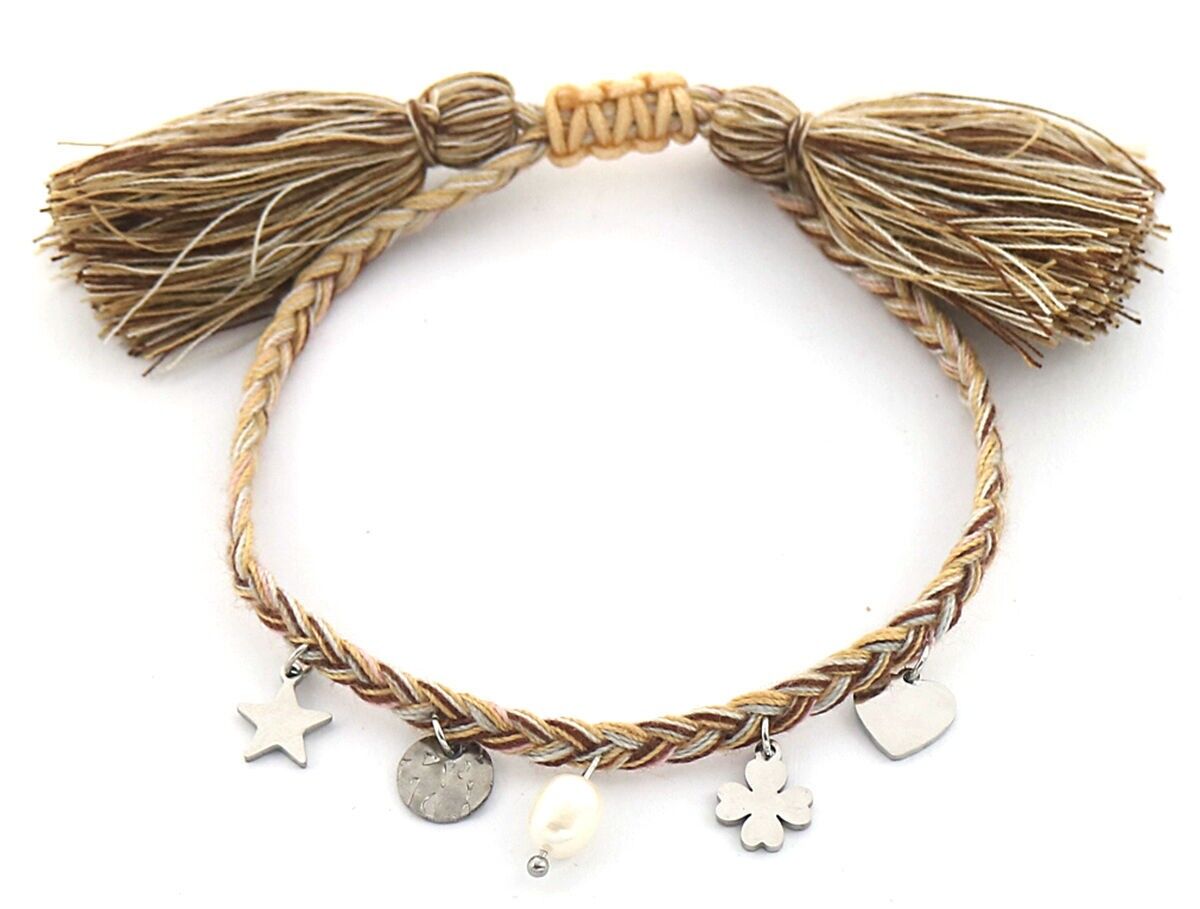 B-C10.1 B220-033S S.Bracciale in corda d'acciaio con ciondoli e perla marrone-argento