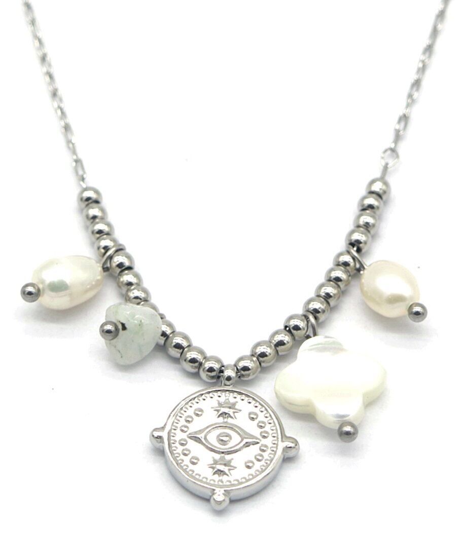 D-C23.1 N031-006S S.Collana in acciaio Perle-Pietre-Monete