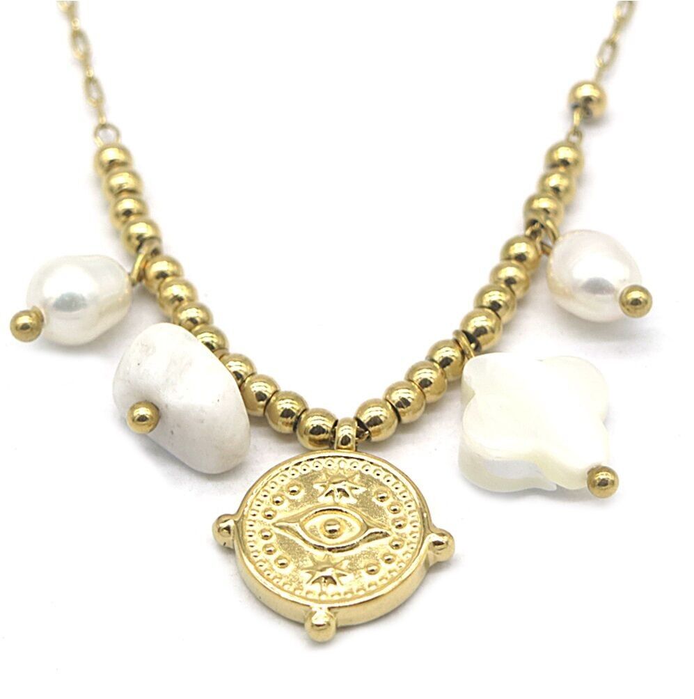 G-A21.2 N031-006G S.Collana in acciaio Perle-Pietre-Monete