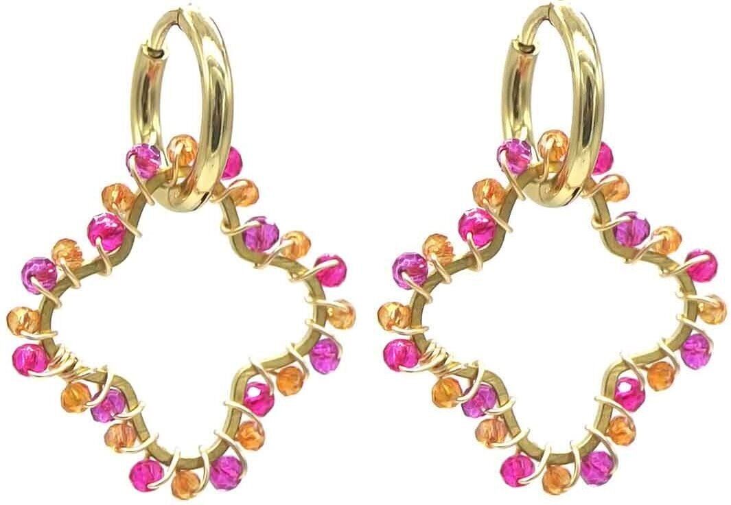 B-B7.1 E221-491 S. Orecchini Acciaio Perle Vetro Trifoglio 3cm Arancio-Rosa