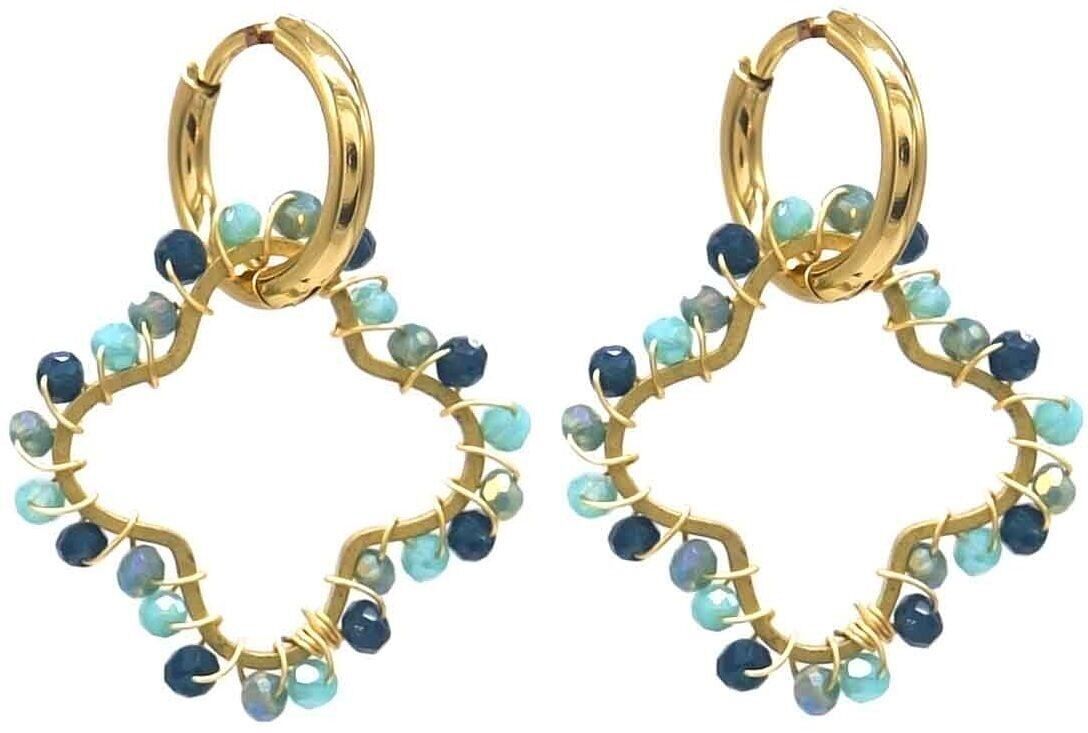 B-F17.2 E221-491 S. Acciaio Orecchini Glassbeads Trifoglio 3cm Blu