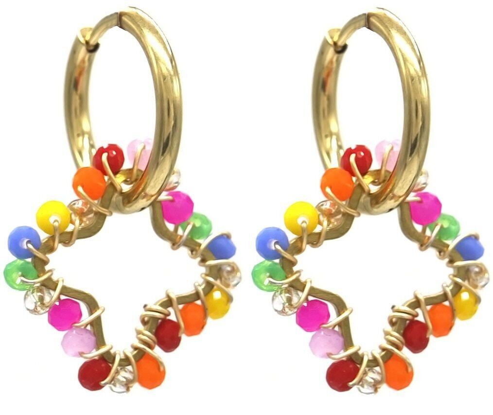 C-D3.2 E221-491 S. Acciaio Orecchini Glassbeads Trifoglio 2.6cm Multi