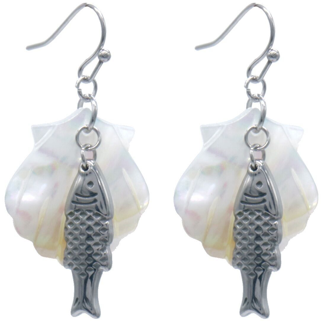 B-C6.5 E1033-004S S. Orecchini in acciaio MOP Shell - Pesce 4.5cm