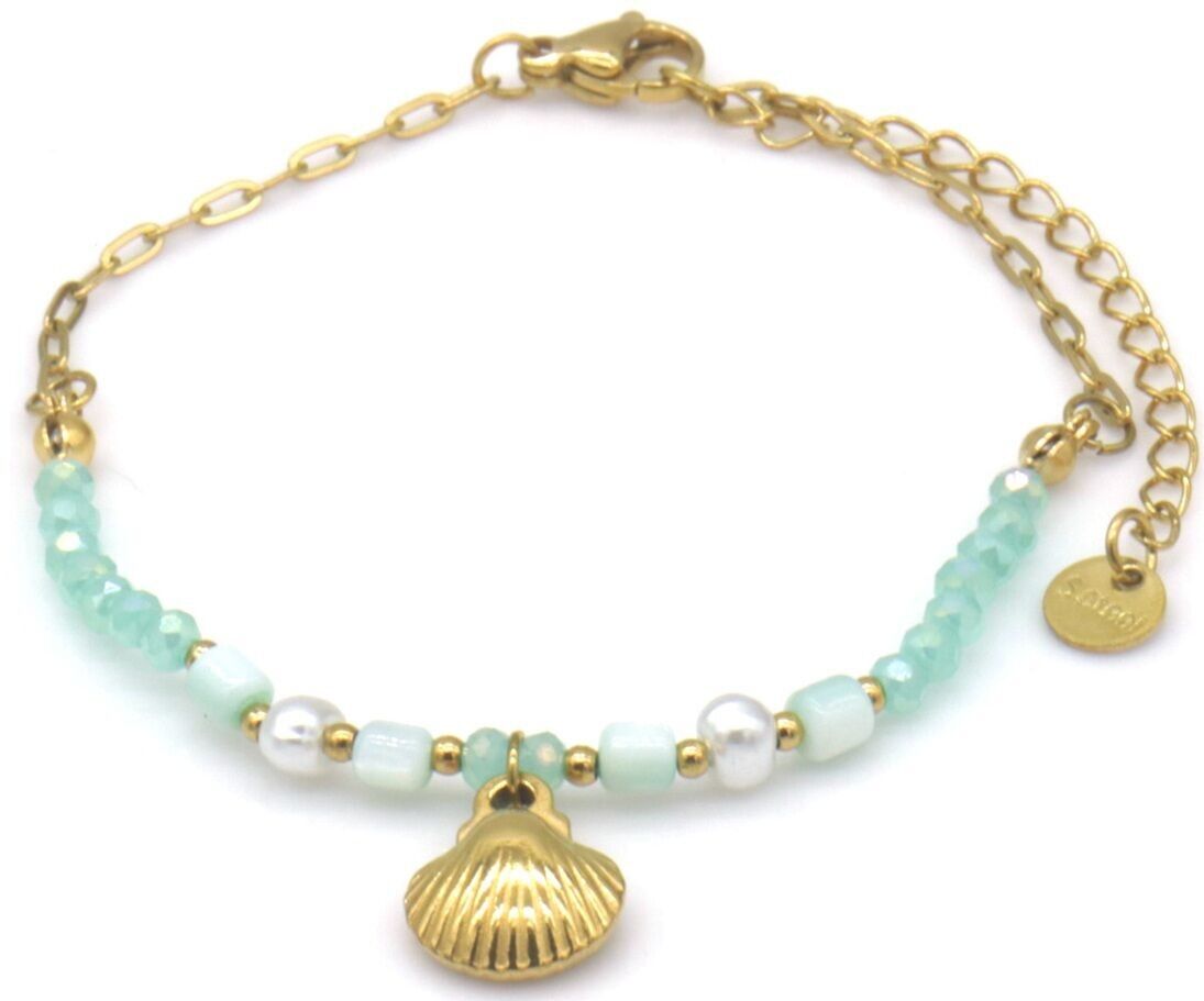 B-F5.5 B2539-034-5 S.Stahlarmband Glasperlen Muschel 16-21cm