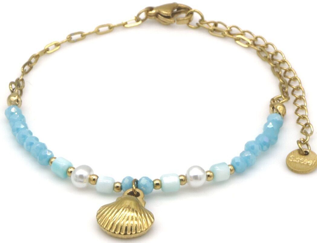 B-F20.4 B2539-034-4 S.Stahlarmband Glasperlen Muschel 16-21cm