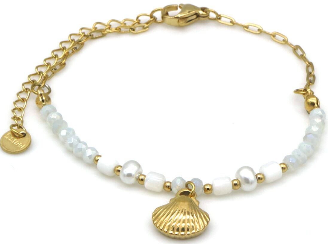 B-F18.3 B2539-034-3 S.Stahlarmband Glasperlen Muschel 16-21cm