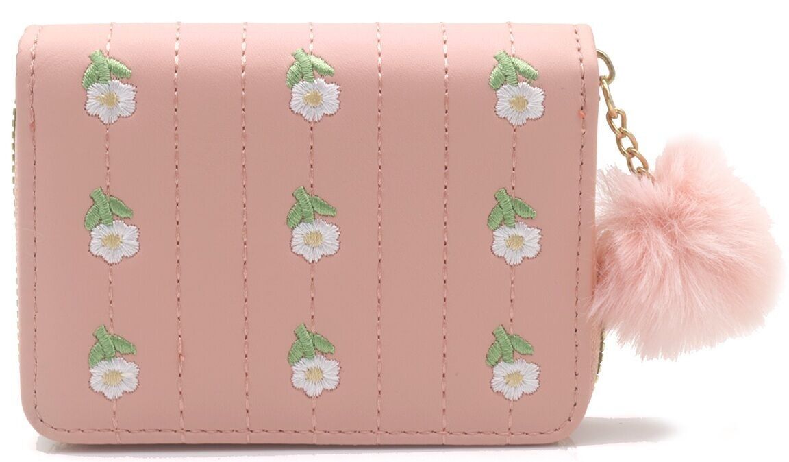 X-I4.1 WA009-019-3 PU-Geldbörse mit gestickten Blumen 12 x 9 cm – Rosa