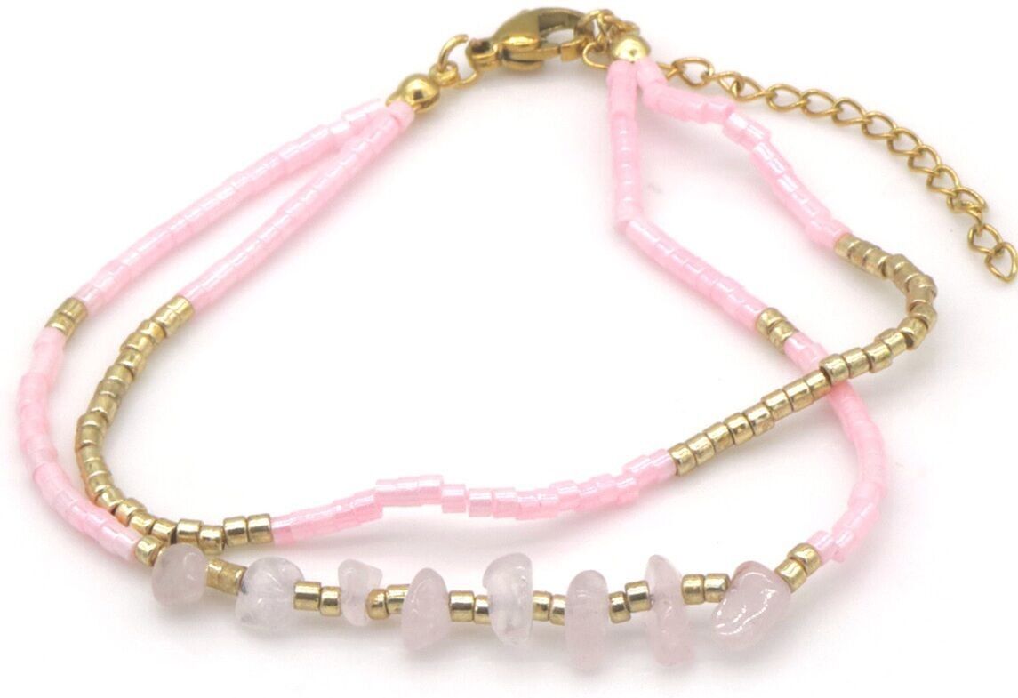 B-A14.2 ANK1034-001-3 Fashion Fußkettchen Lagen Glasperlen Pink